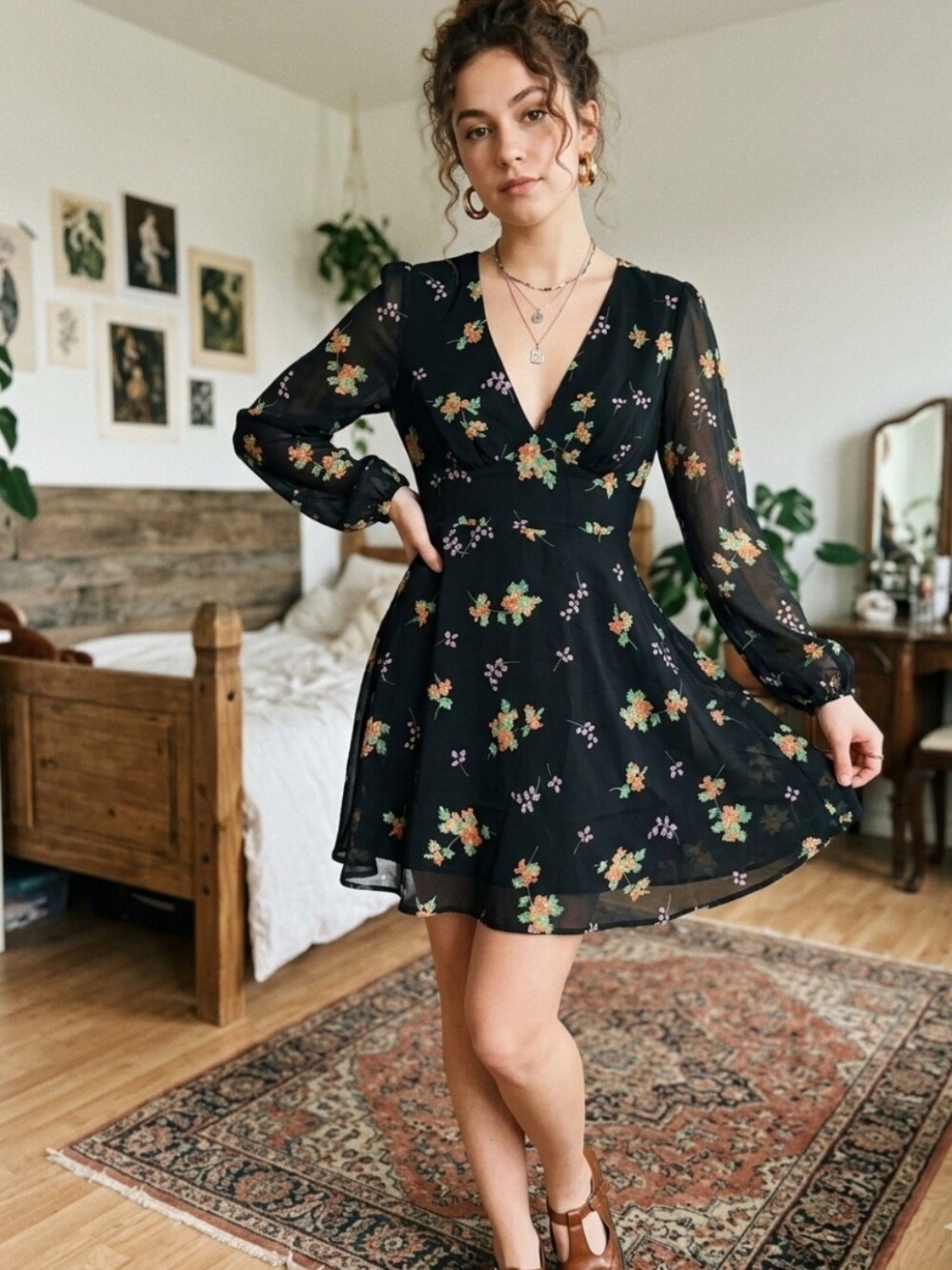 Cupshe Floral Chiffon Long Sleeve Mini Dress